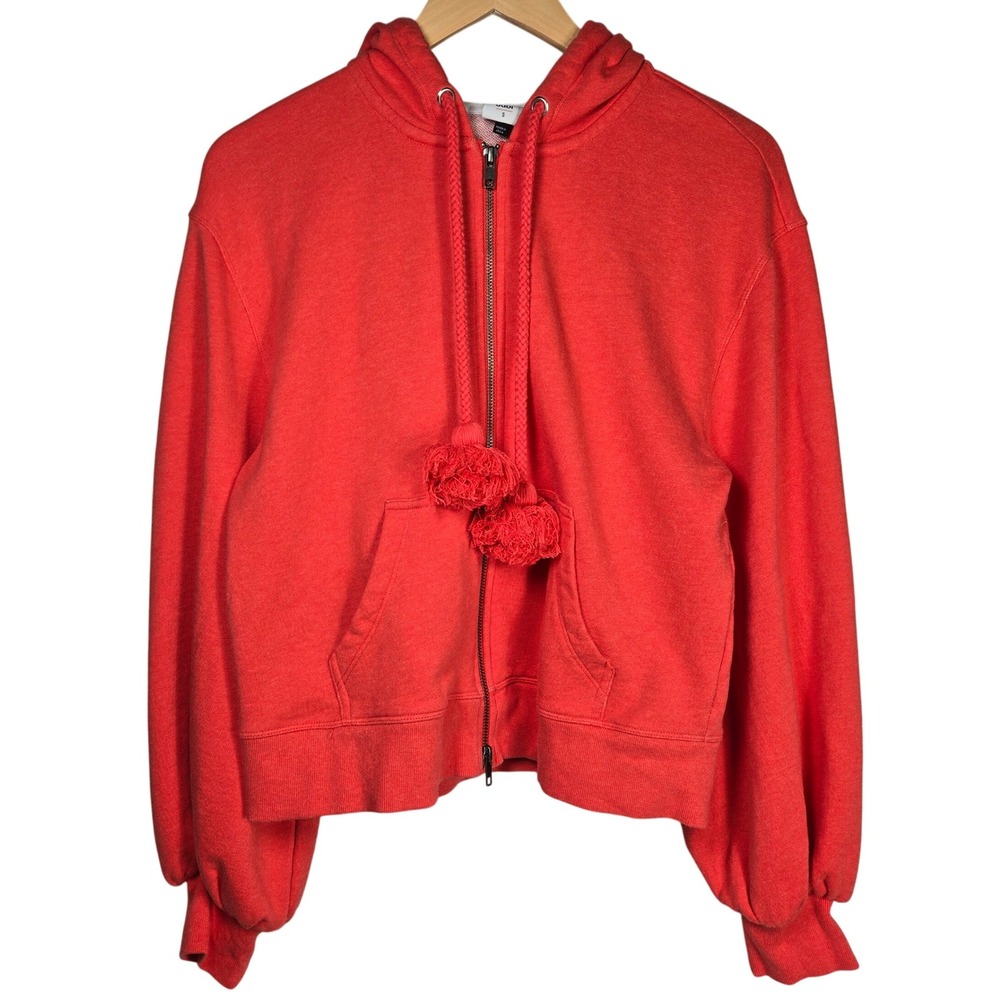 Cabi Deluxe Cropped Zip Up Hoodie Pom Pom Drawstrings Balloon Sleeve Size S 5657
